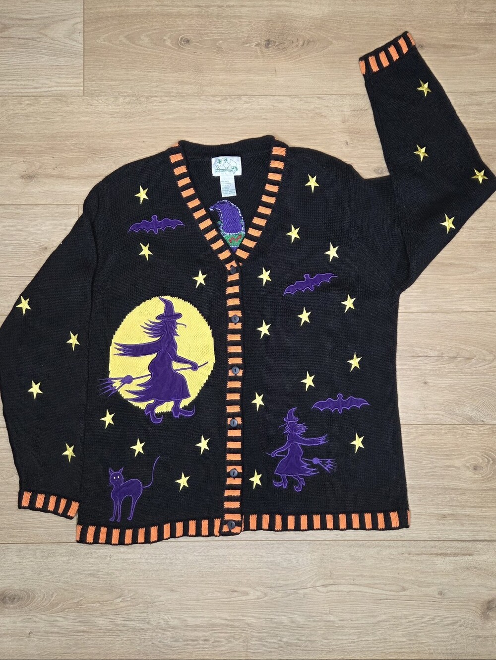 Vintage Quacker Factory Halloween Witch Cardigan Velvet Appliqué Embroidered L - Picture 4 of 10